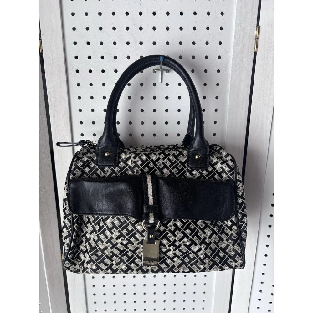 Tommy Halfiger Logo Top Handle Handbag Purse Satchel Black Faux Leather Fabric‎